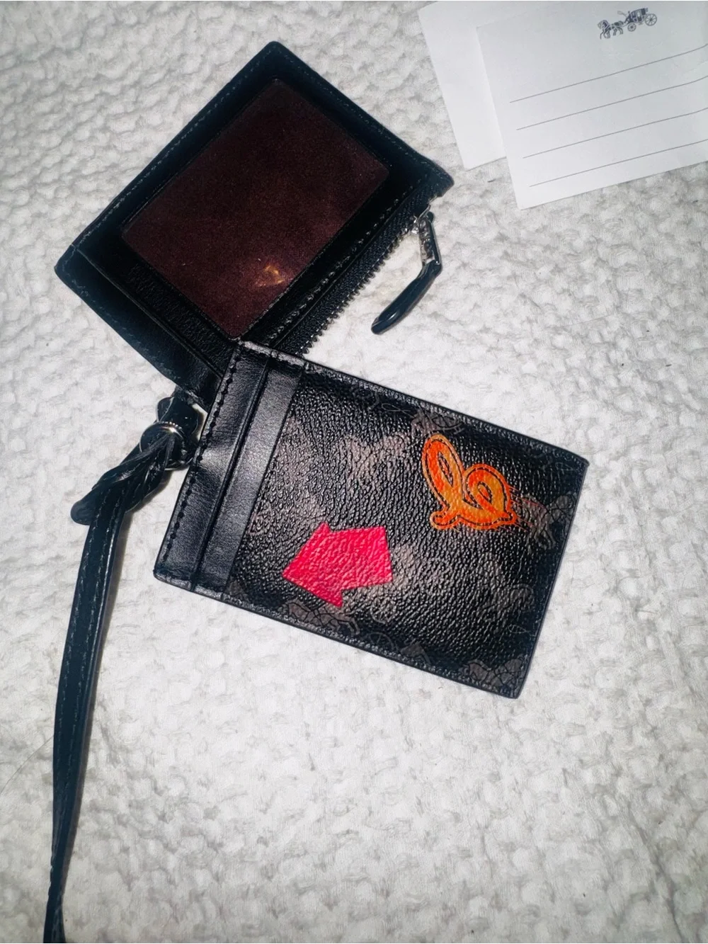 Coach Black carriage Leather Card Holder lanyard W/ Red and Orange Accents.Rare!